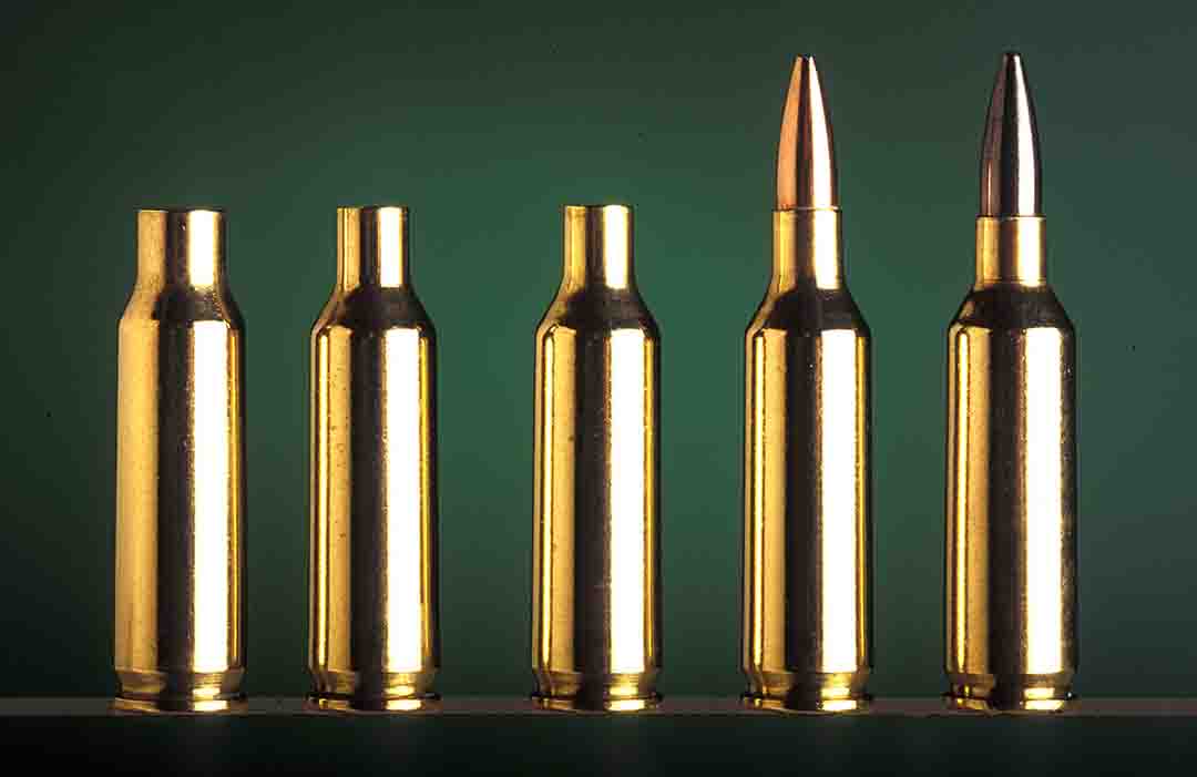 If you love handloading, you will like the challenge of the .17 MACH IV. From left to right, the .221 Fireball case is shown here after its trip through the form die, then the trim die and finally, with the bullet seated. The final case shows the result after fireforming in the Cooper rifle.